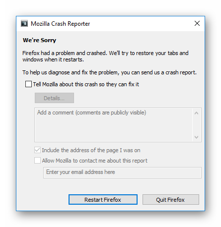 Вид ошибки Mozilla Crash Reporter в Firefox