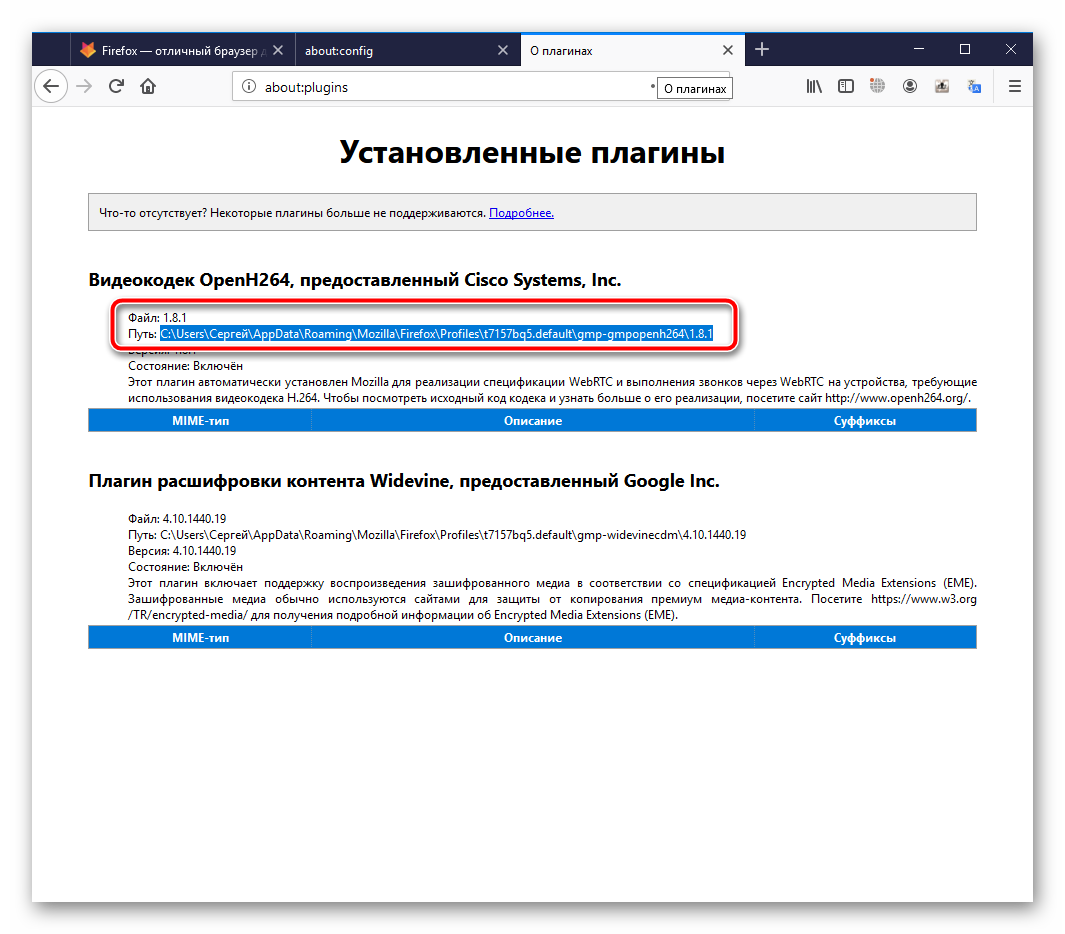 Информация о плагинах в Firefox